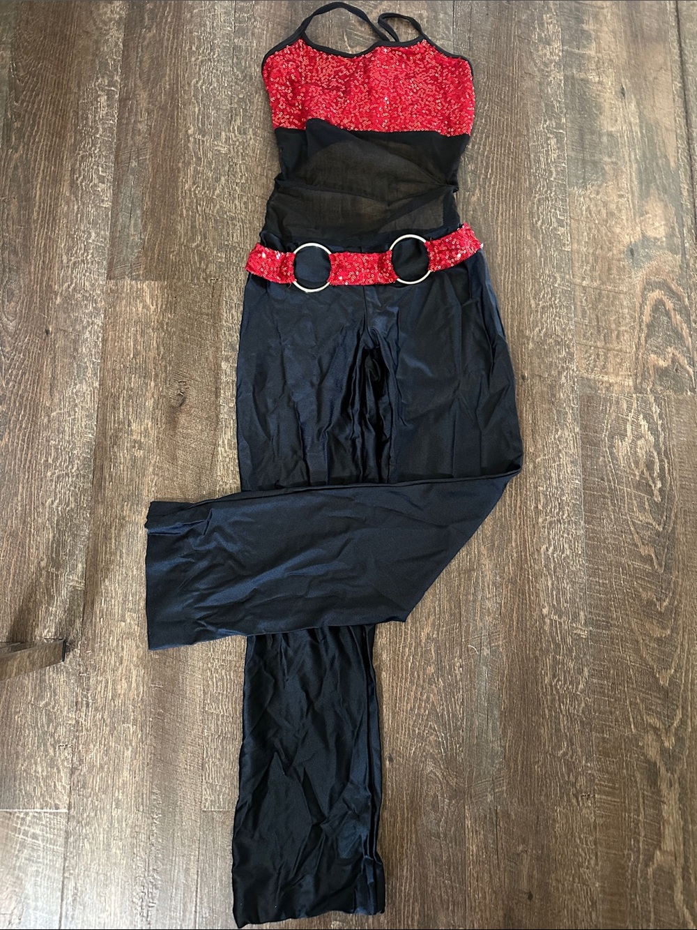Competition Dance Costume Red & Black Sequin Cutout Jumpsuit w/ Belt (YL)